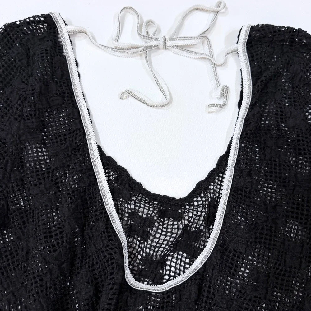 Free People Grady Lace Top Black Sheer Knit Tunic Top M Whimsigoth Indie Sleaze